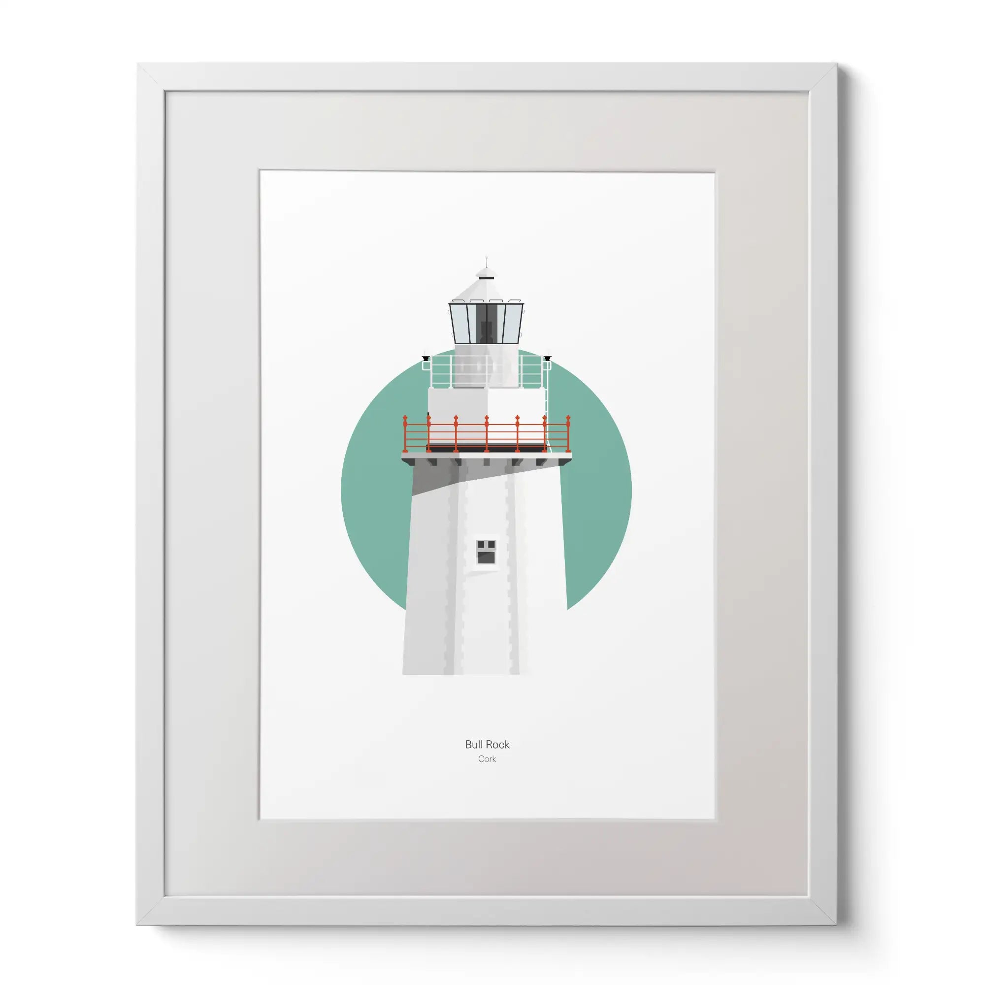 Illustration of Bull Rock lighthouse on a white background inside light blue square,  in a white frame measuring 40x50cm.