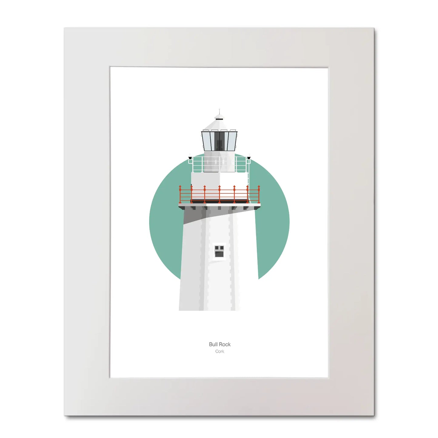 Illustration of Bull Rock lighthouse on a white background inside light blue square, mounted and measuring 40x50cm.