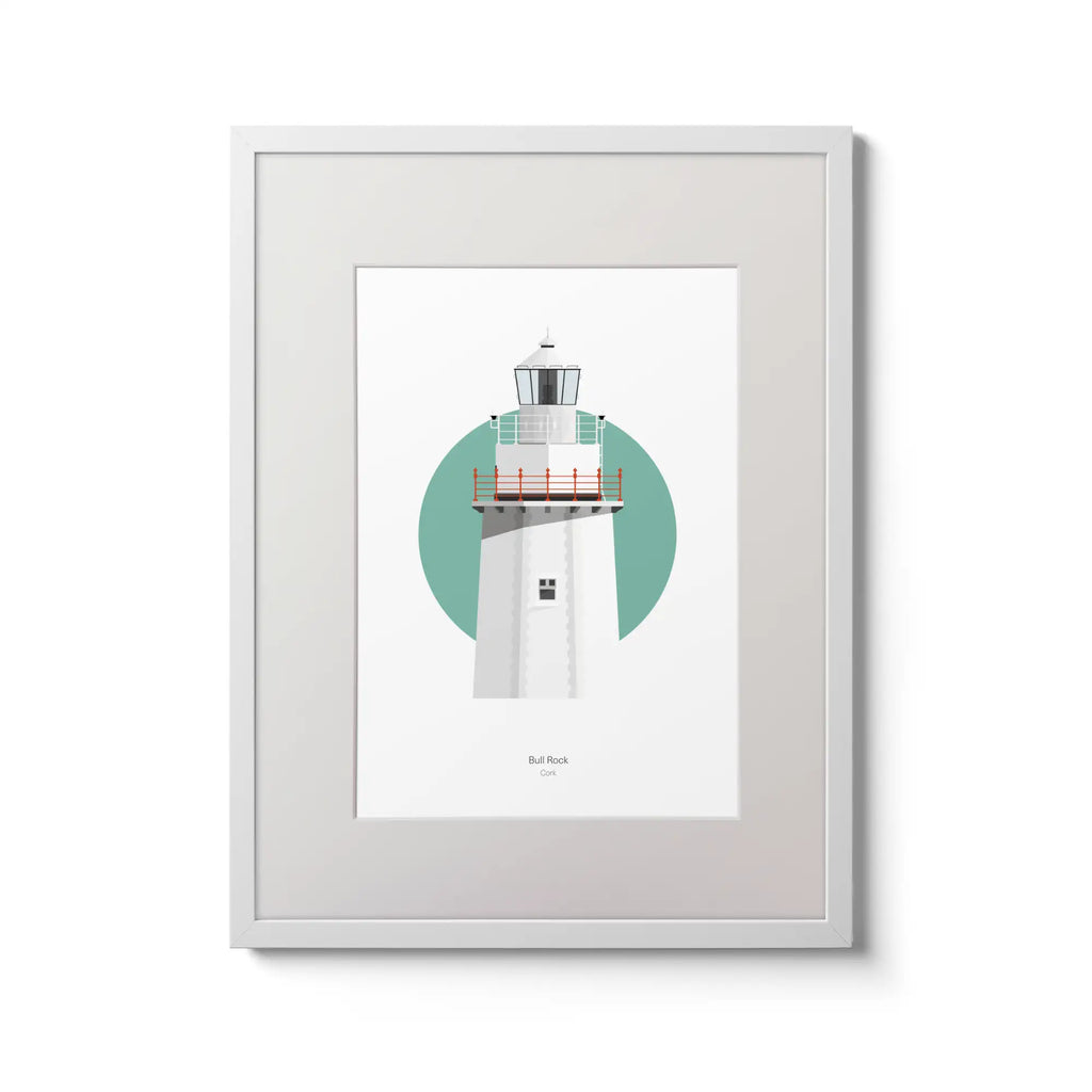 Illustration of Bull Rock lighthouse on a white background inside light blue square,  in a white frame measuring 30x40cm.