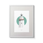 Illustration of Bull Rock lighthouse on a white background inside light blue square,  in a white frame measuring 30x40cm.