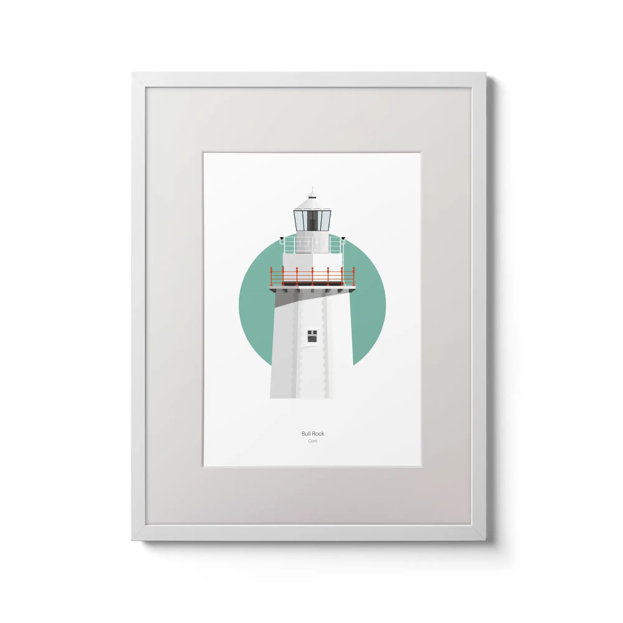 Illustration of Bull Rock lighthouse on a white background inside light blue square,  in a white frame measuring 30x40cm.