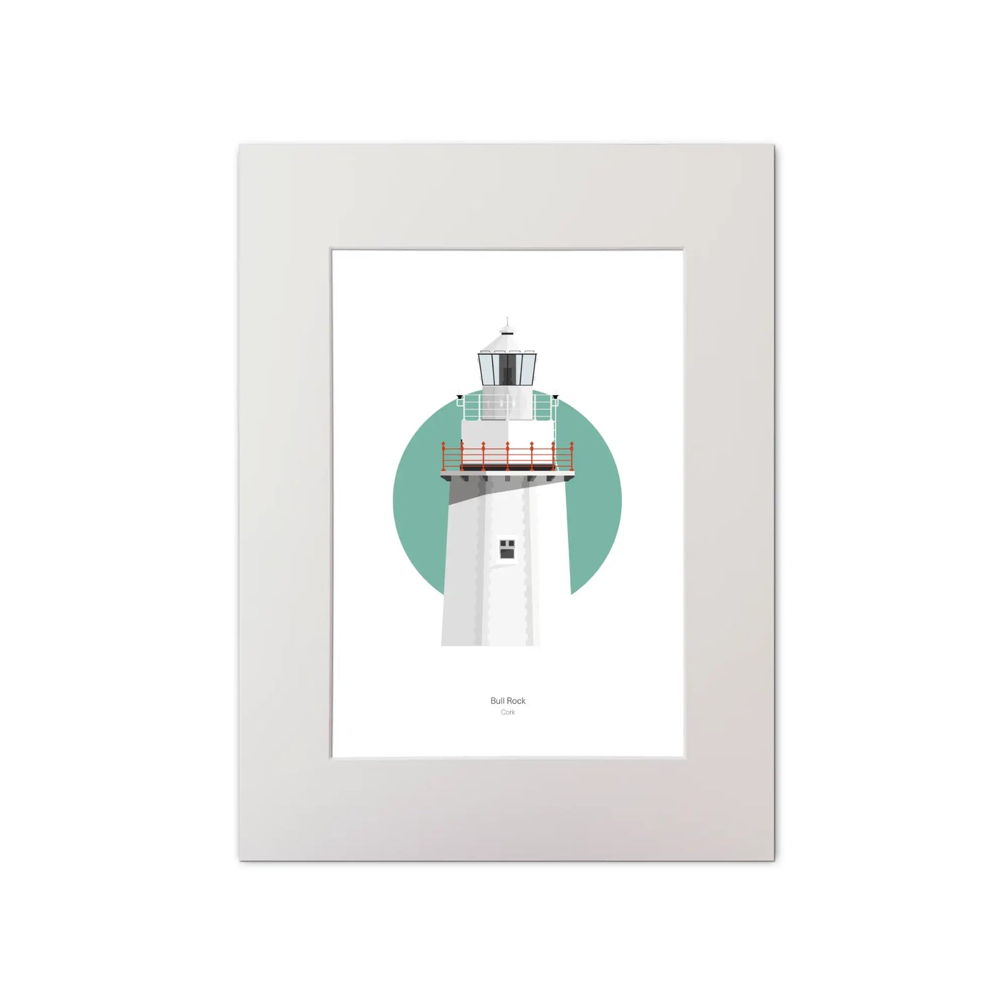 Illustration of Bull Rock lighthouse on a white background inside light blue square, mounted and measuring 30x40cm.
