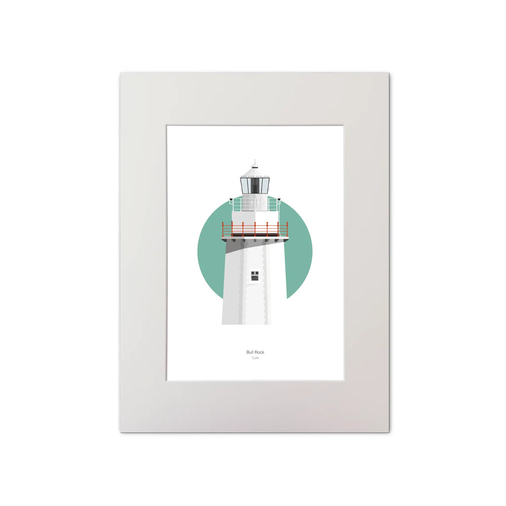 Illustration of Bull Rock lighthouse on a white background inside light blue square, mounted and measuring 30x40cm.