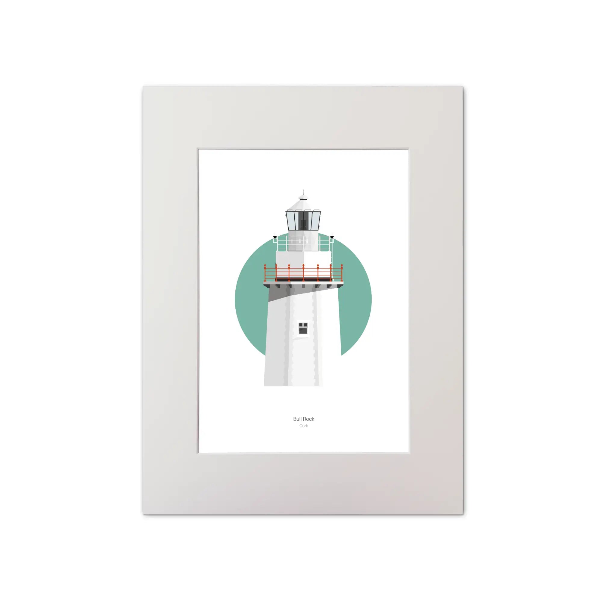 Illustration of Bull Rock lighthouse on a white background inside light blue square, mounted and measuring 30x40cm.