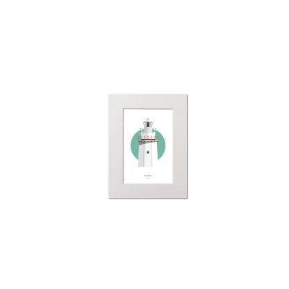 Illustration of Bull Rock lighthouse on a white background inside light blue square, mounted and measuring 15x20cm.