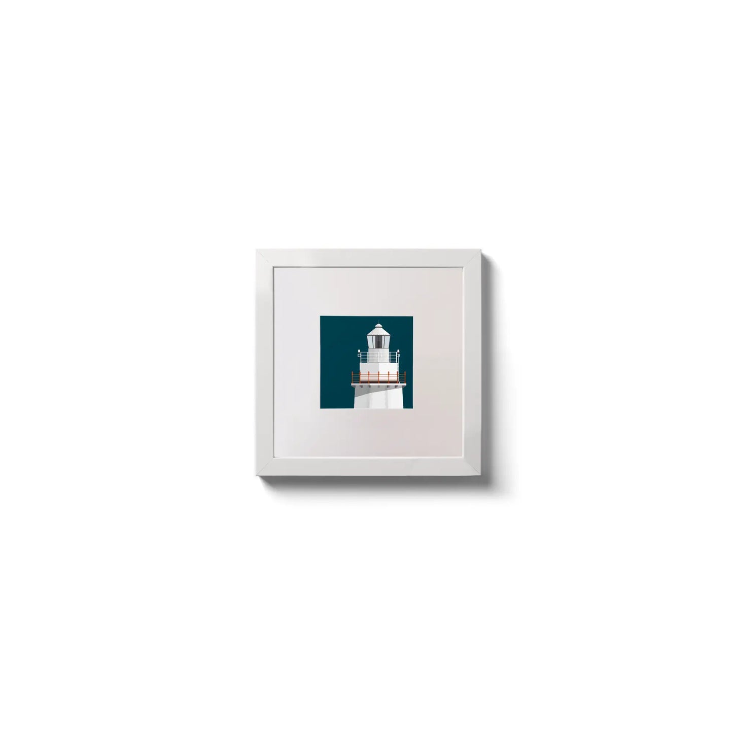 Illustration of Bull Rock lighthouse on a midnight blue background,  in a white square frame measuring 10x10cm.