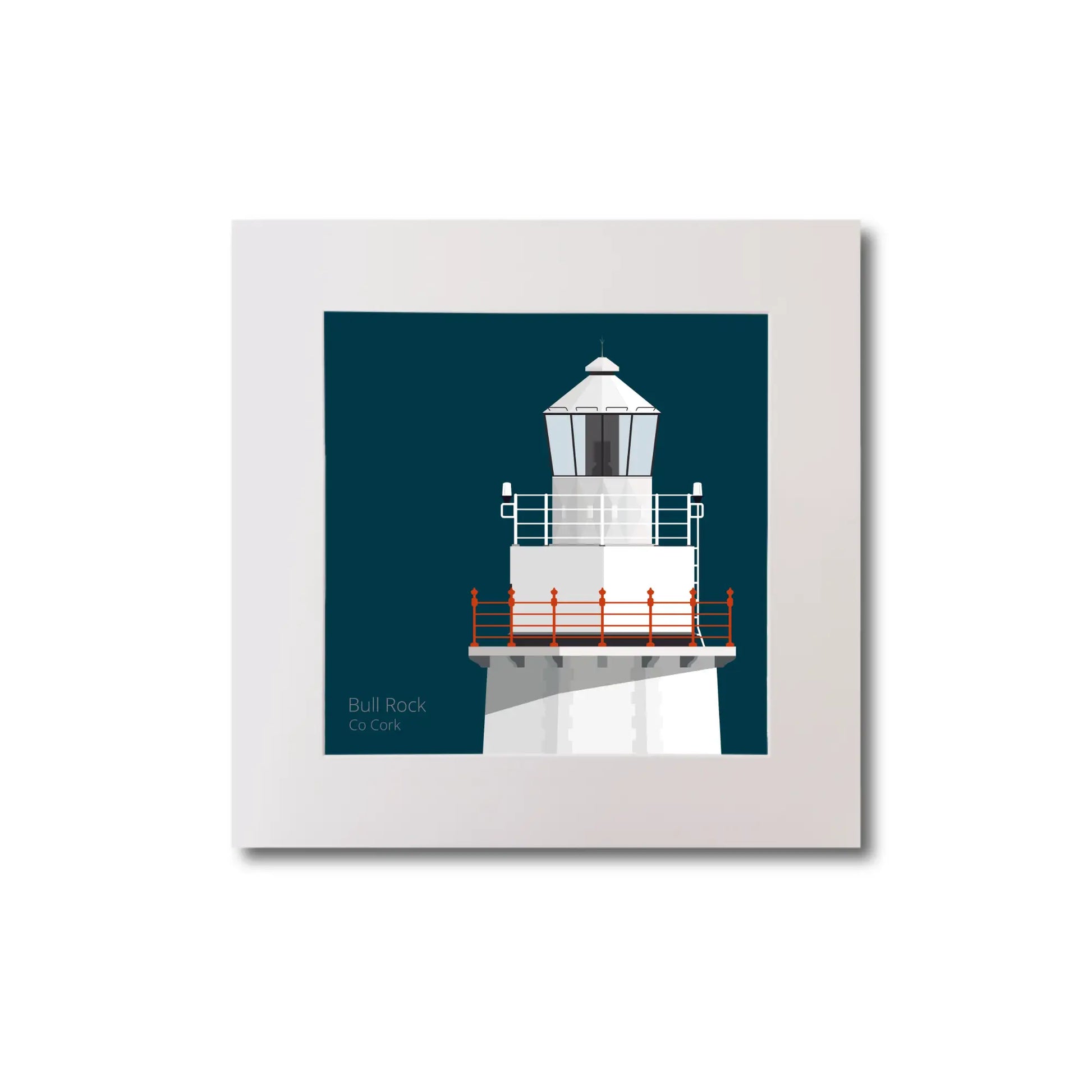 Illustration of Bull Rock lighthouse on a midnight blue background, mounted and measuring 20x20cm.
