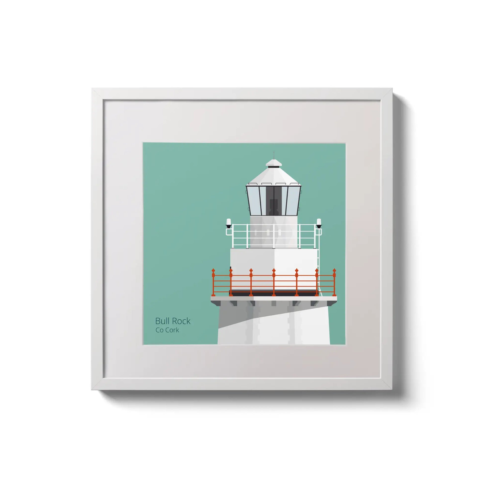 Illustration of Bull Rock lighthouse on an ocean green background,  in a white square frame measuring 20x20cm.