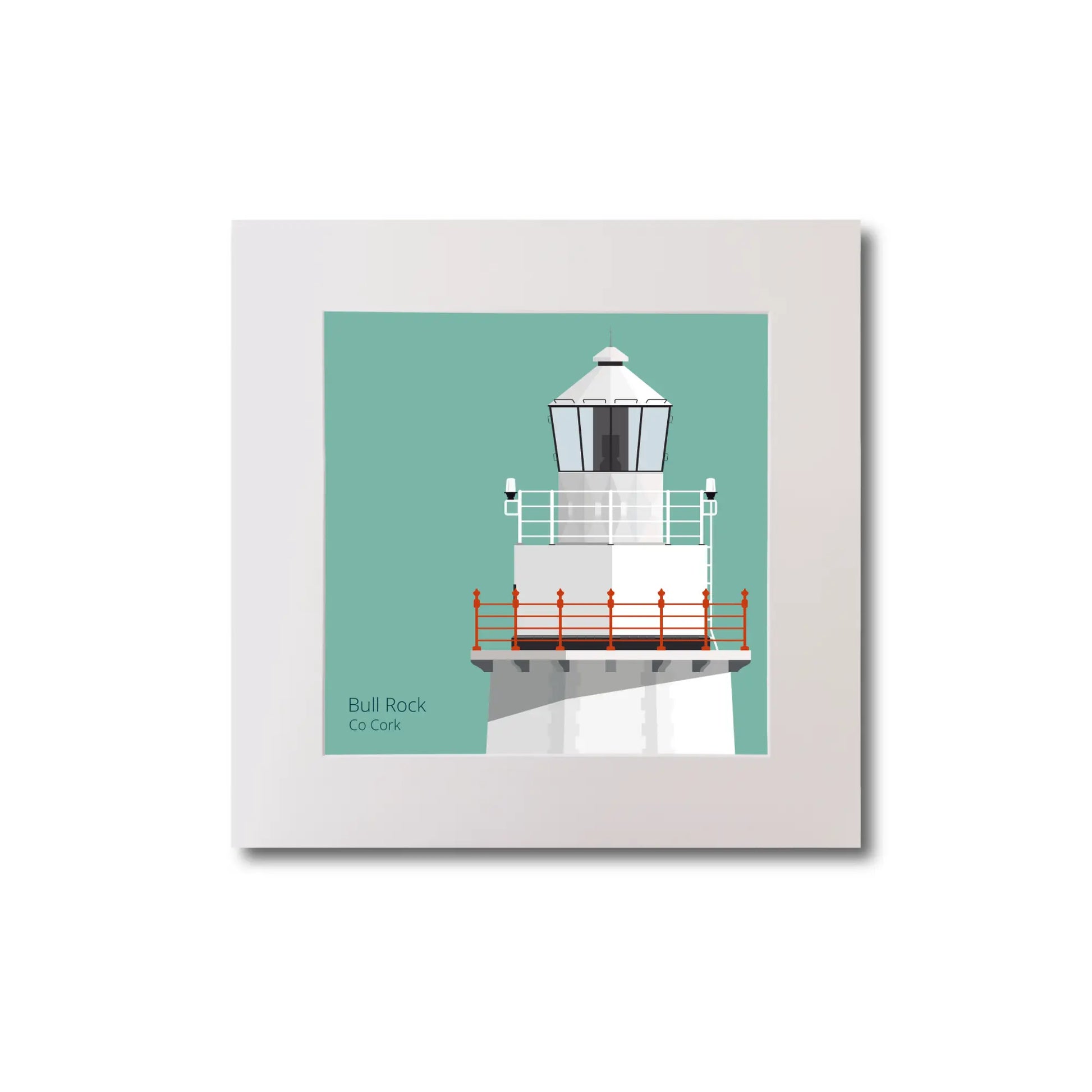 Illustration of Bull Rock lighthouse on an ocean green background, mounted and measuring 20x20cm.
