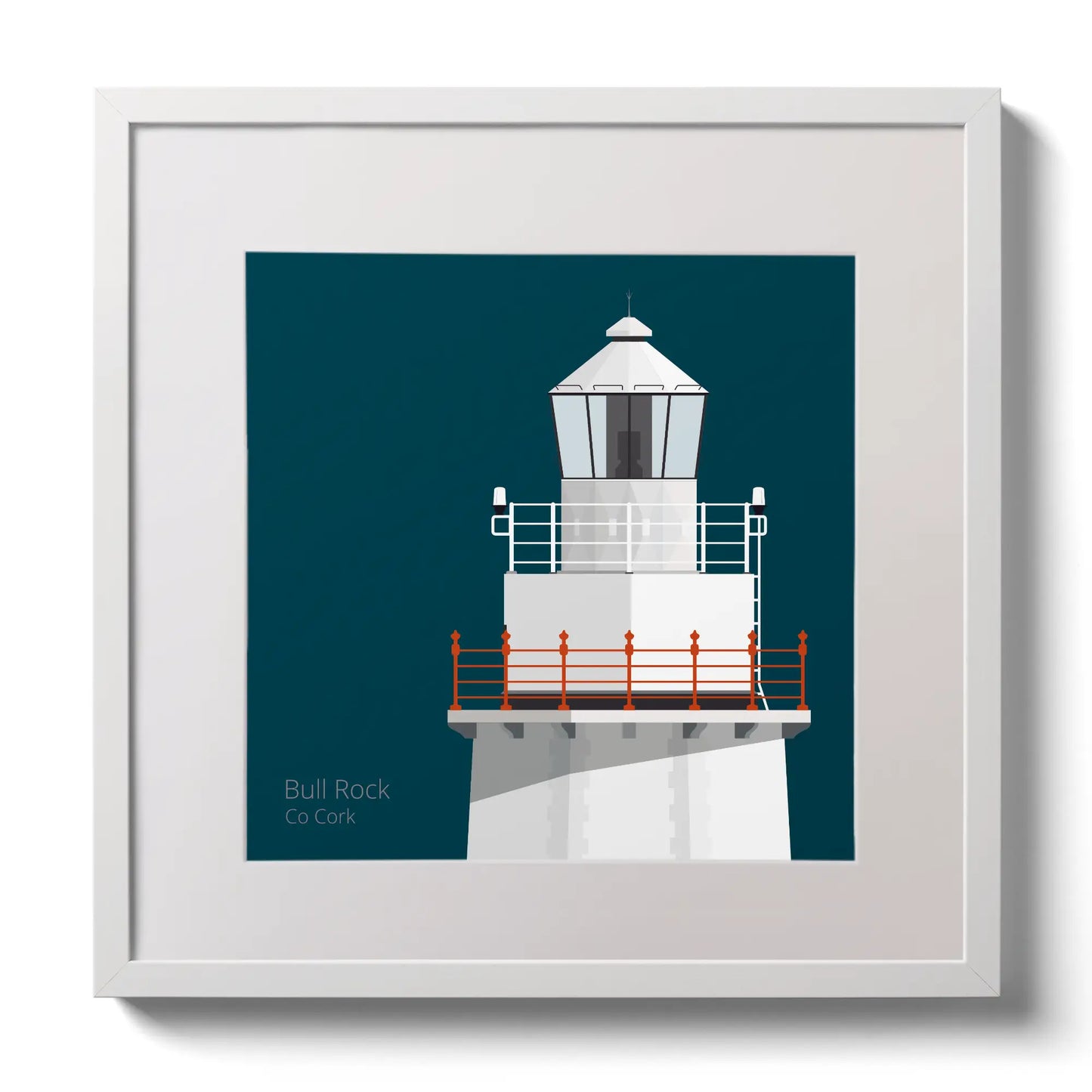 Illustration of Bull Rock lighthouse on a midnight blue background,  in a white square frame measuring 30x30cm.