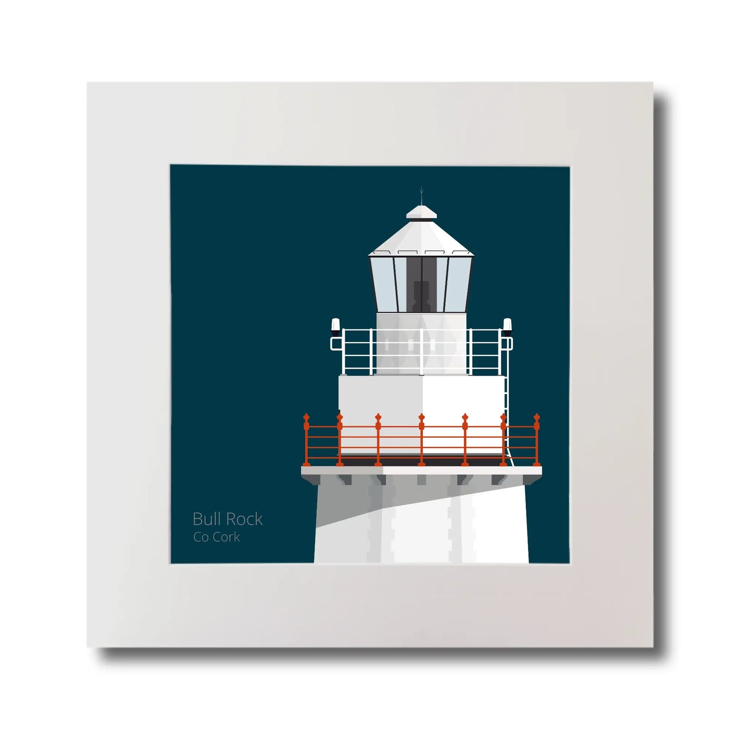 Illustration of Bull Rock lighthouse on a midnight blue background, mounted and measuring 30x30cm.