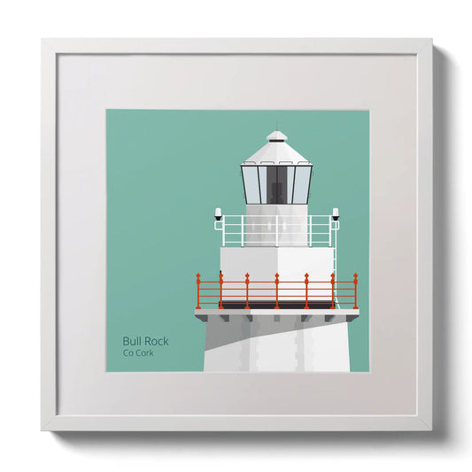 Illustration of Bull Rock lighthouse on an ocean green background,  in a white square frame measuring 30x30cm.