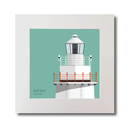 Illustration of Bull Rock lighthouse on an ocean green background, mounted and measuring 30x30cm.