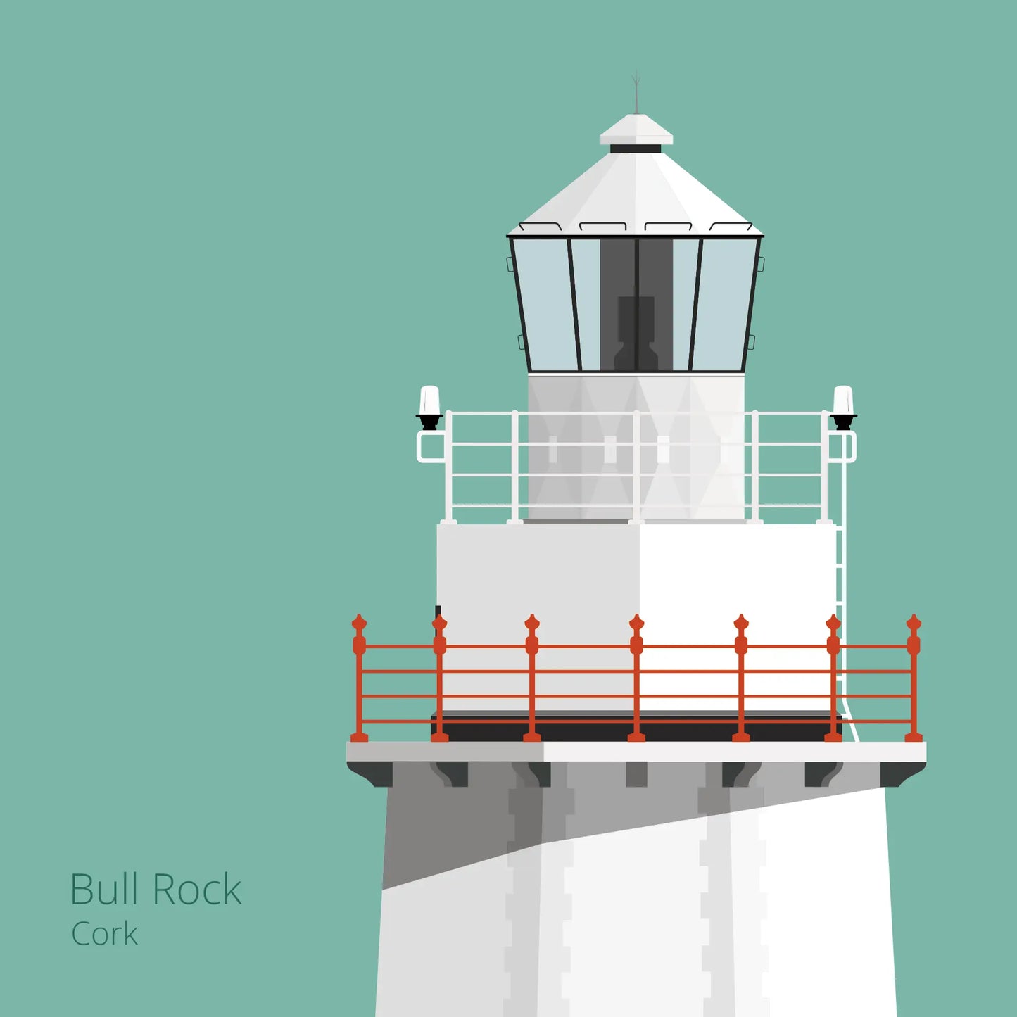 Illustration of Bull Rock lighthouse on an ocean green background