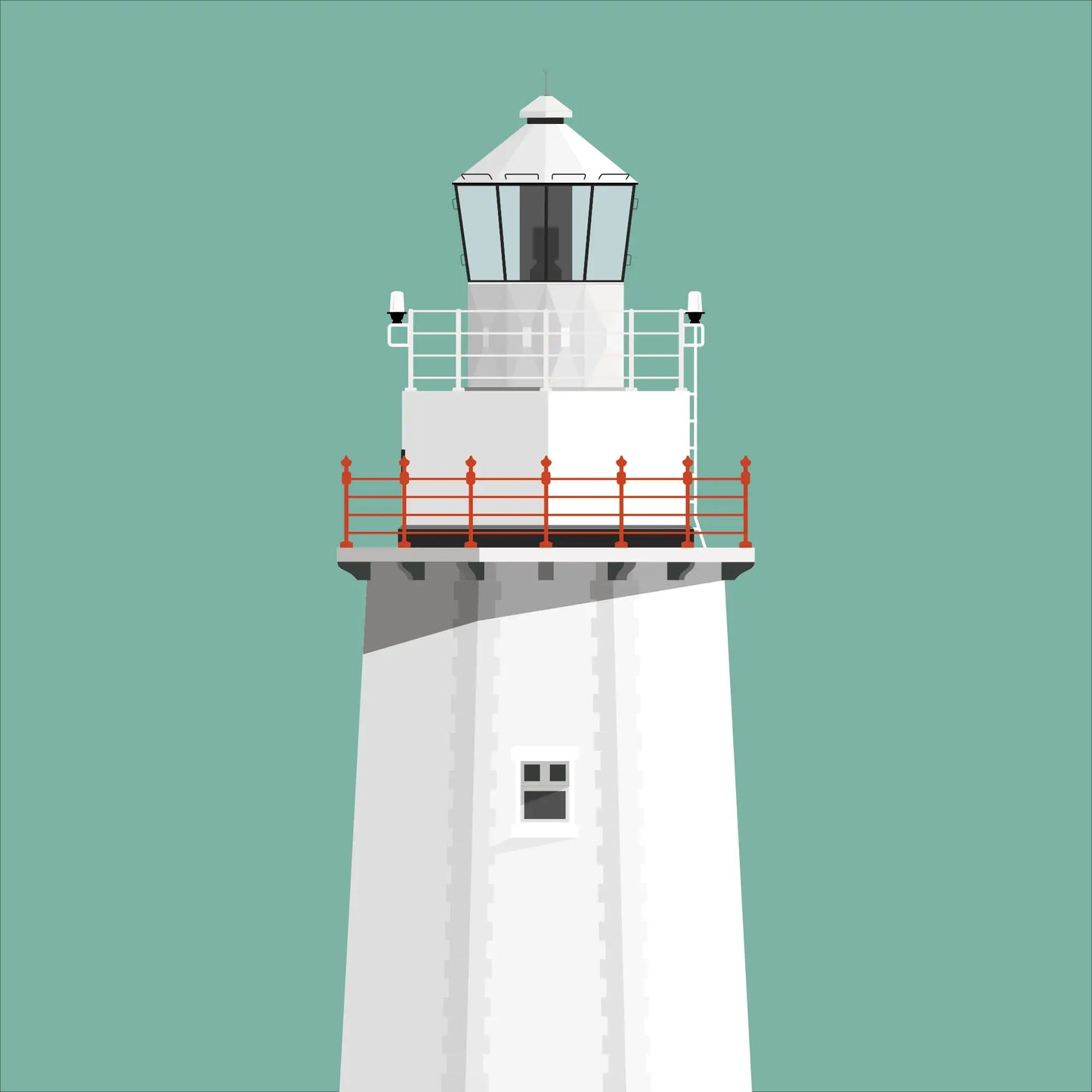 Illustration of Bull Rock lighthouse on a white background inside light blue square.