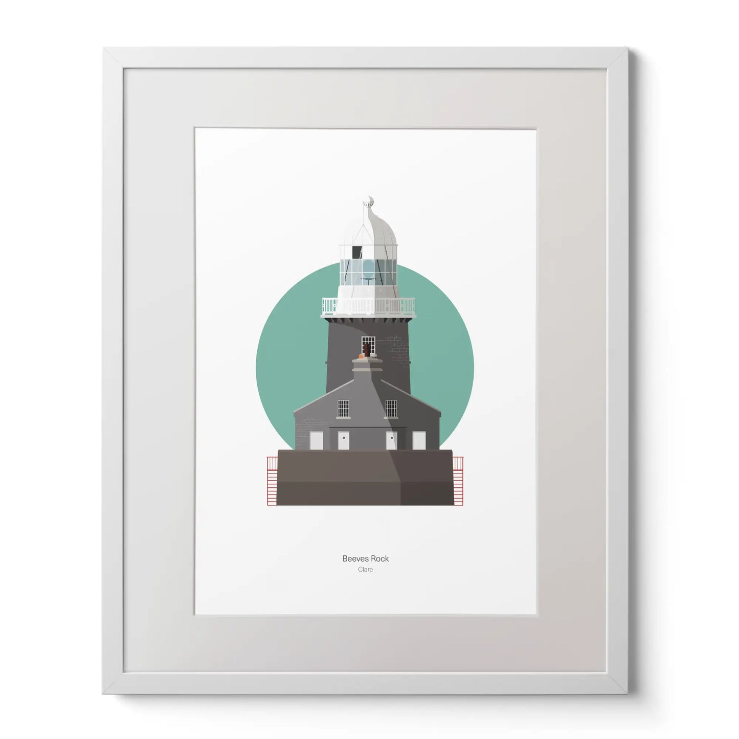 Wall hanging of Beeves Rock lighthouse on a white background inside light blue square,  in a white frame measuring 40x50cm.