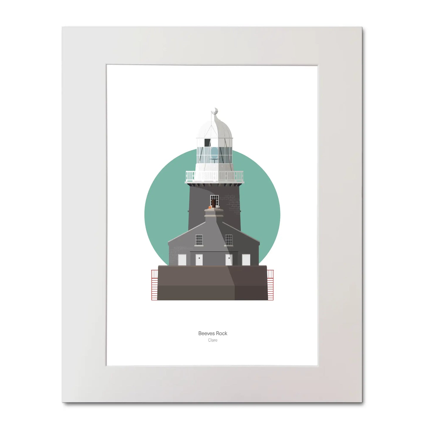 Illustration of Beeves Rock lighthouse on a white background inside light blue square, mounted and measuring 40x50cm.