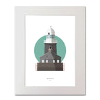 Illustration of Beeves Rock lighthouse on a white background inside light blue square, mounted and measuring 40x50cm.