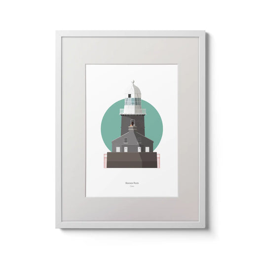 Wall hanging of Beeves Rock lighthouse on a white background inside light blue square,  in a white frame measuring 30x40cm.