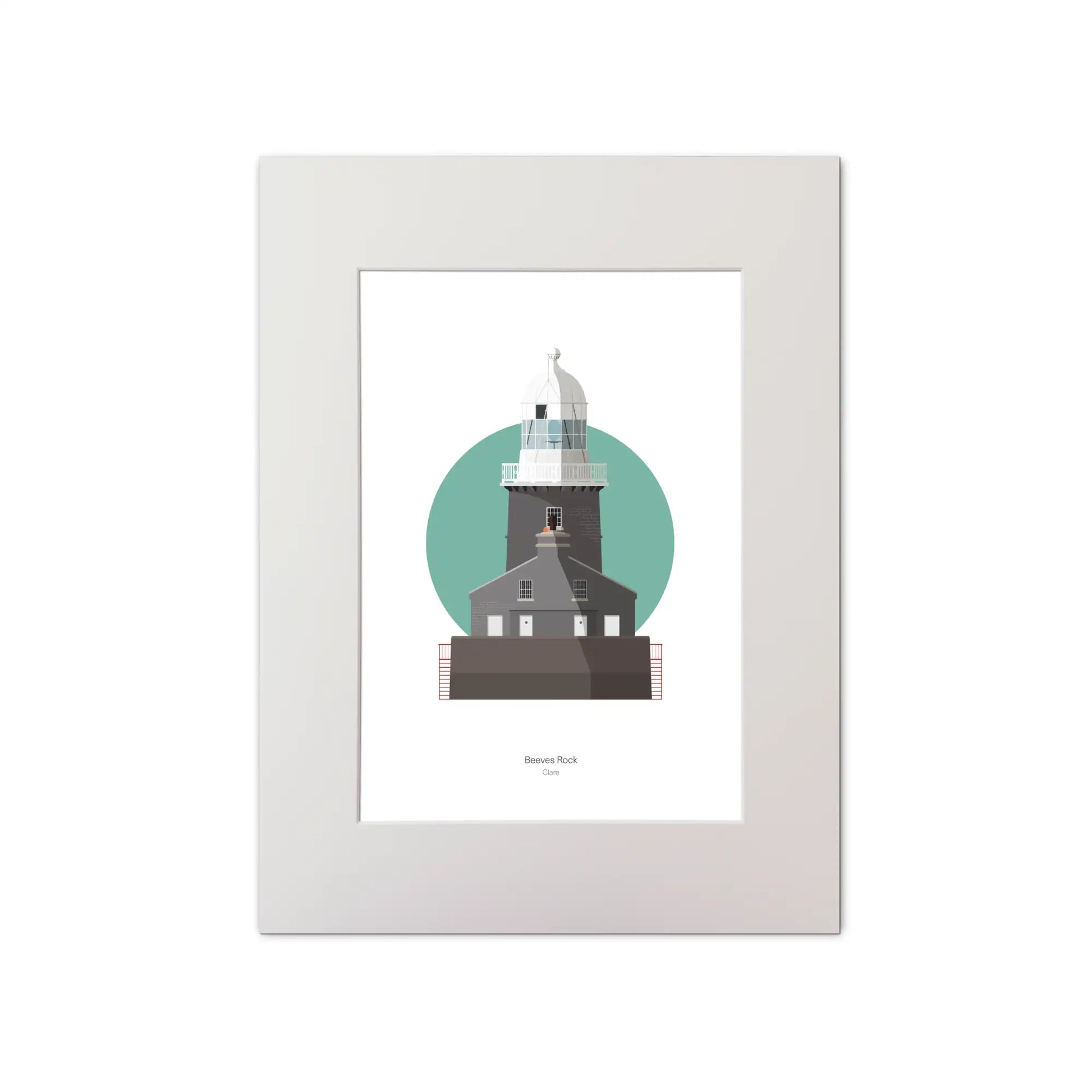 Illustration of Beeves Rock lighthouse on a white background inside light blue square, mounted and measuring 30x40cm.