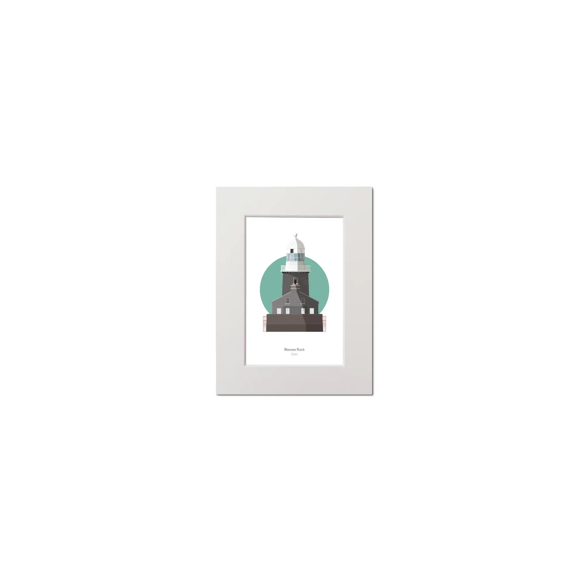 Wall hanging of Beeves Rock lighthouse on a white background inside light blue square, mounted and measuring 15x20cm.