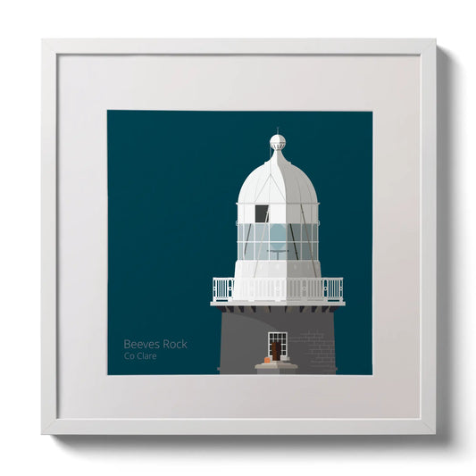 Illustration of Beeves Rock lighthouse on a midnight blue background,  in a white square frame measuring 30x30cm.