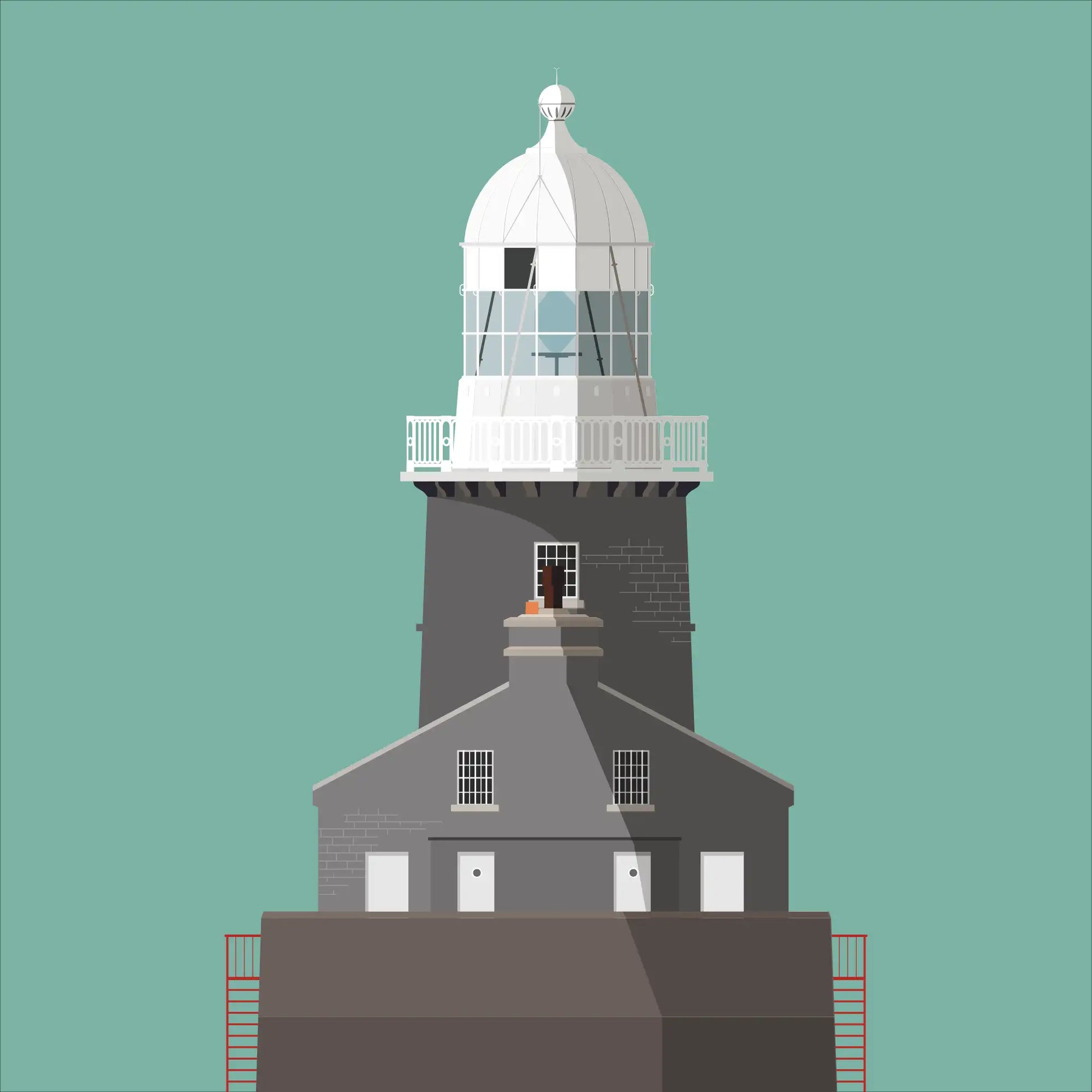 Illustration of Beeves Rock lighthouse on a white background inside light blue square.