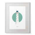 Illustration of Tuskar Rock lighthouse on a white background inside light blue square,  in a white frame measuring 40x50cm.