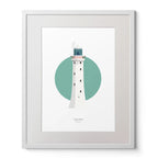 Illustration of Tuskar Rock lighthouse on a white background inside light blue square,  in a white frame measuring 40x50cm.