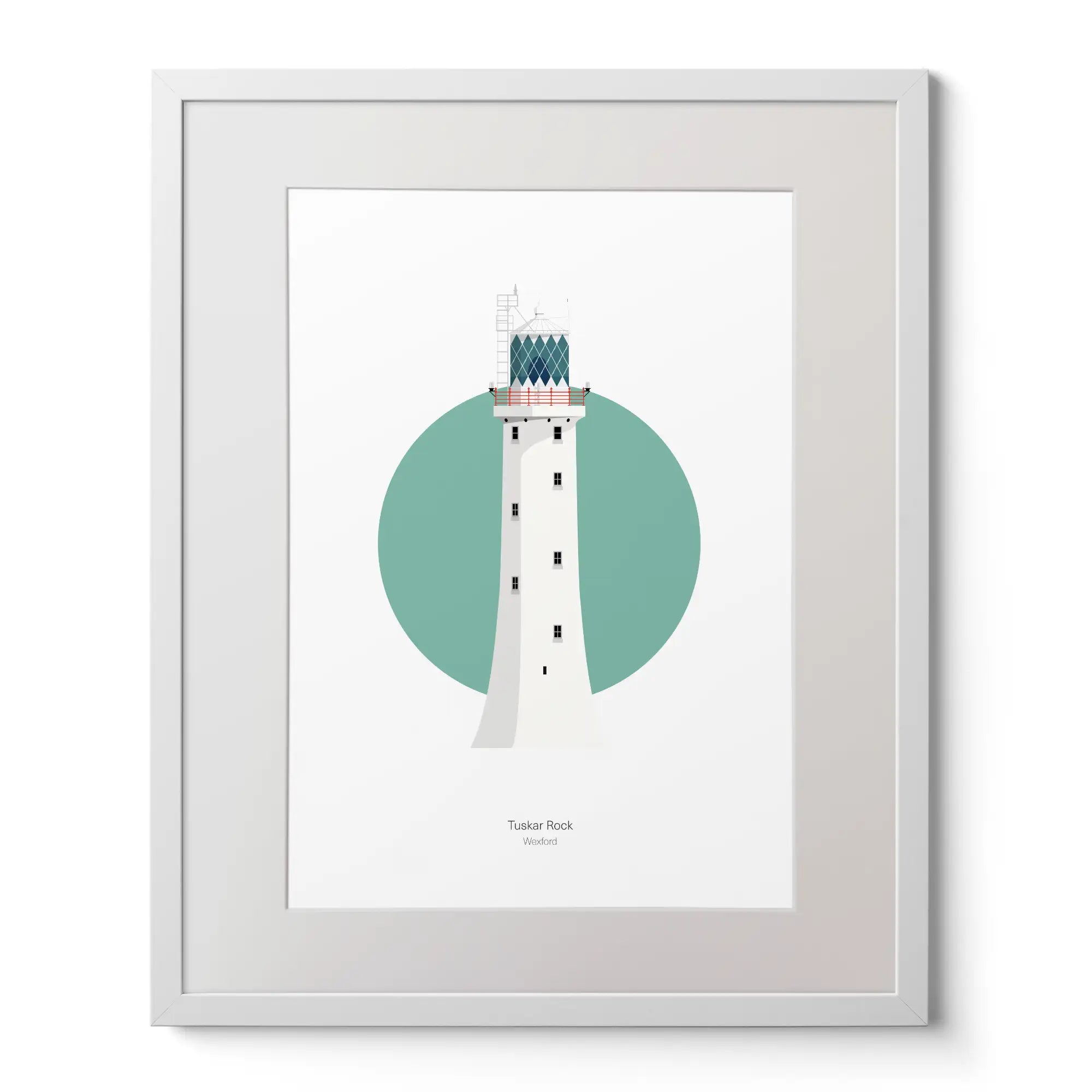 Illustration of Tuskar Rock lighthouse on a white background inside light blue square,  in a white frame measuring 40x50cm.