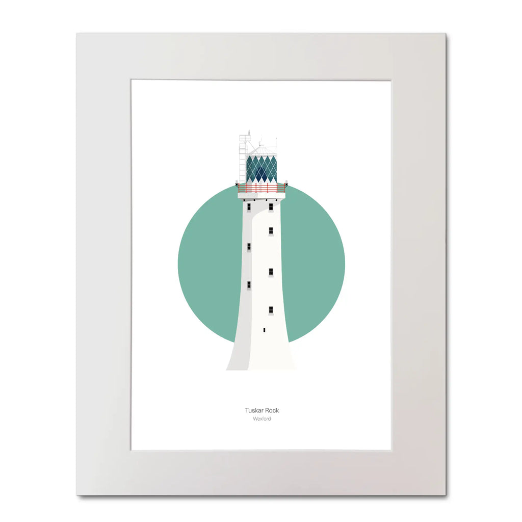 Illustration of Tuskar Rock lighthouse on a white background inside light blue square, mounted and measuring 40x50cm.