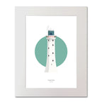 Illustration of Tuskar Rock lighthouse on a white background inside light blue square, mounted and measuring 40x50cm.