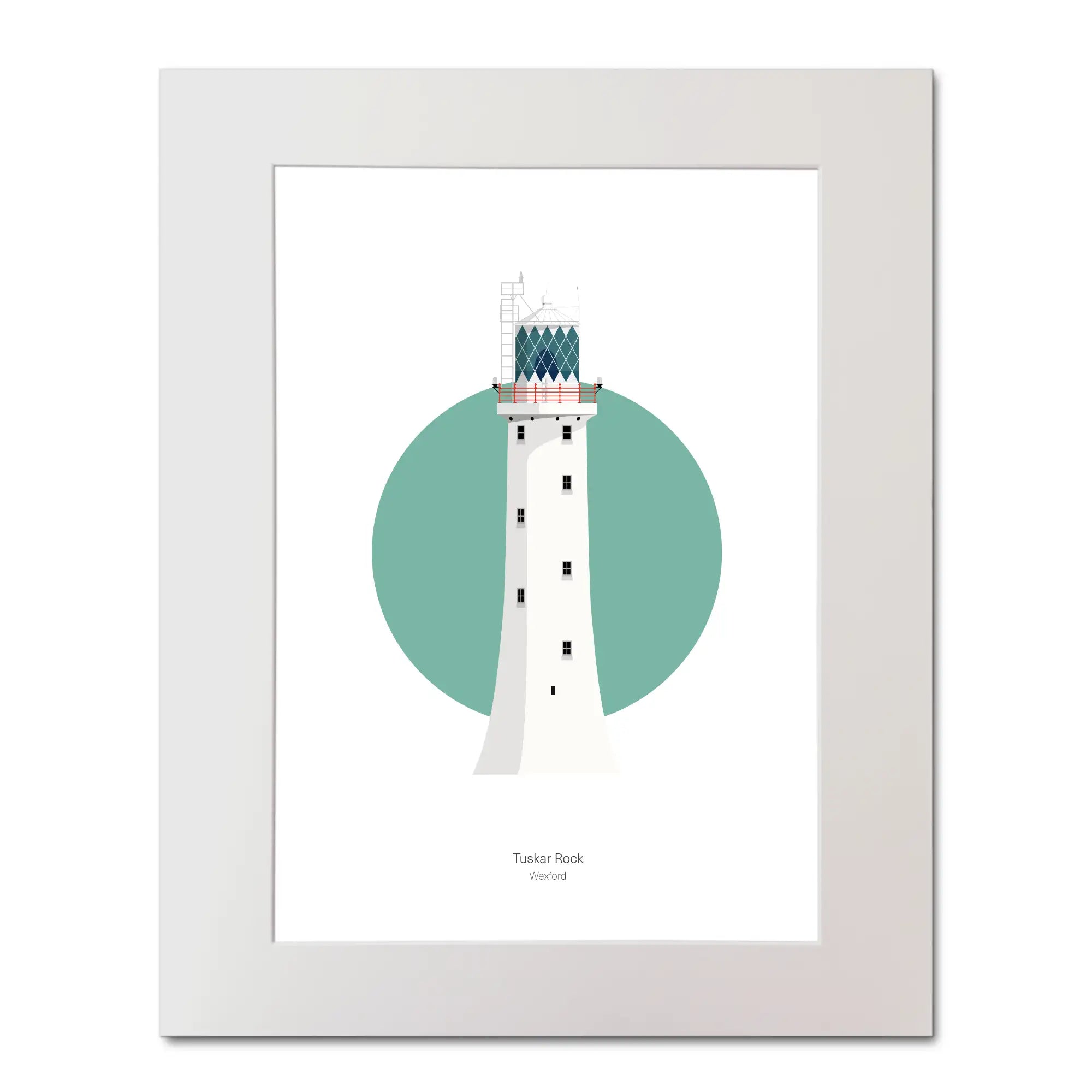 Illustration of Tuskar Rock lighthouse on a white background inside light blue square, mounted and measuring 40x50cm.