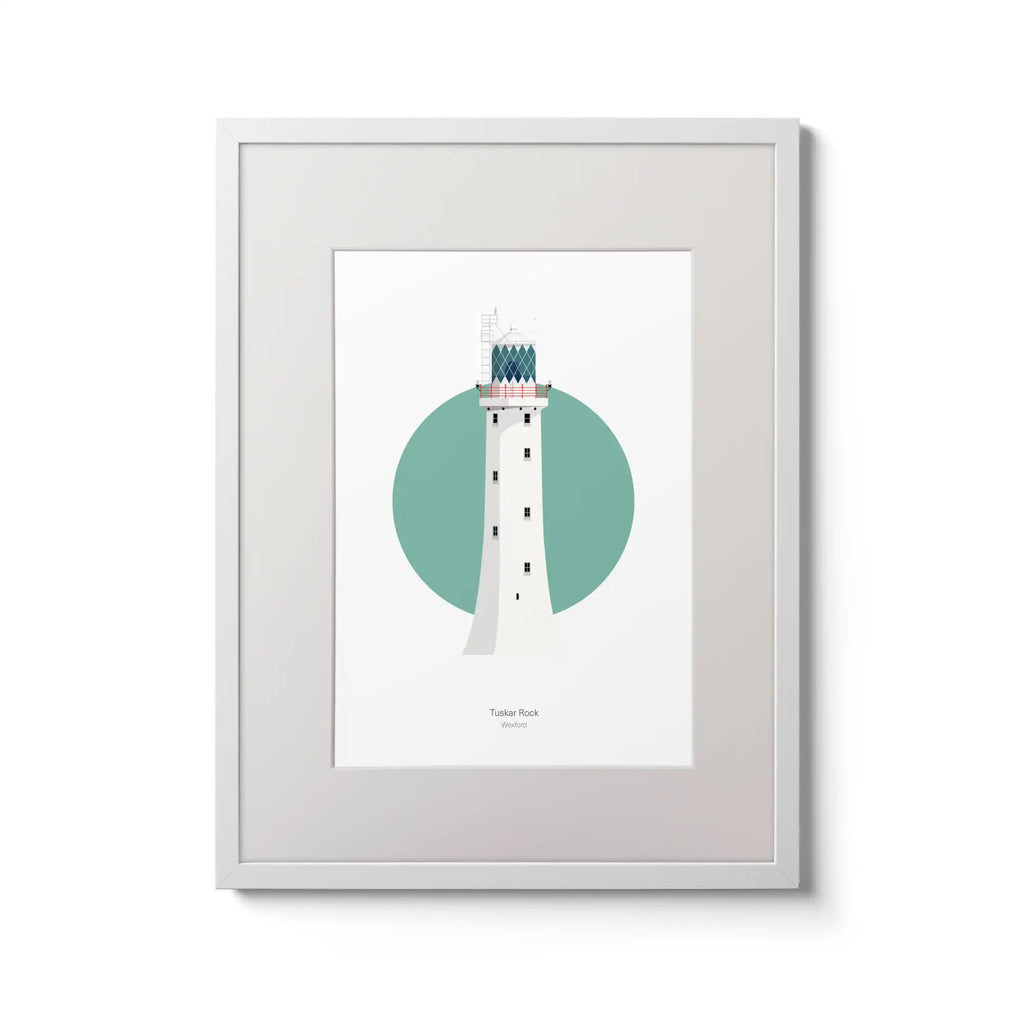 Illustration of Tuskar Rock lighthouse on a white background inside light blue square,  in a white frame measuring 30x40cm.
