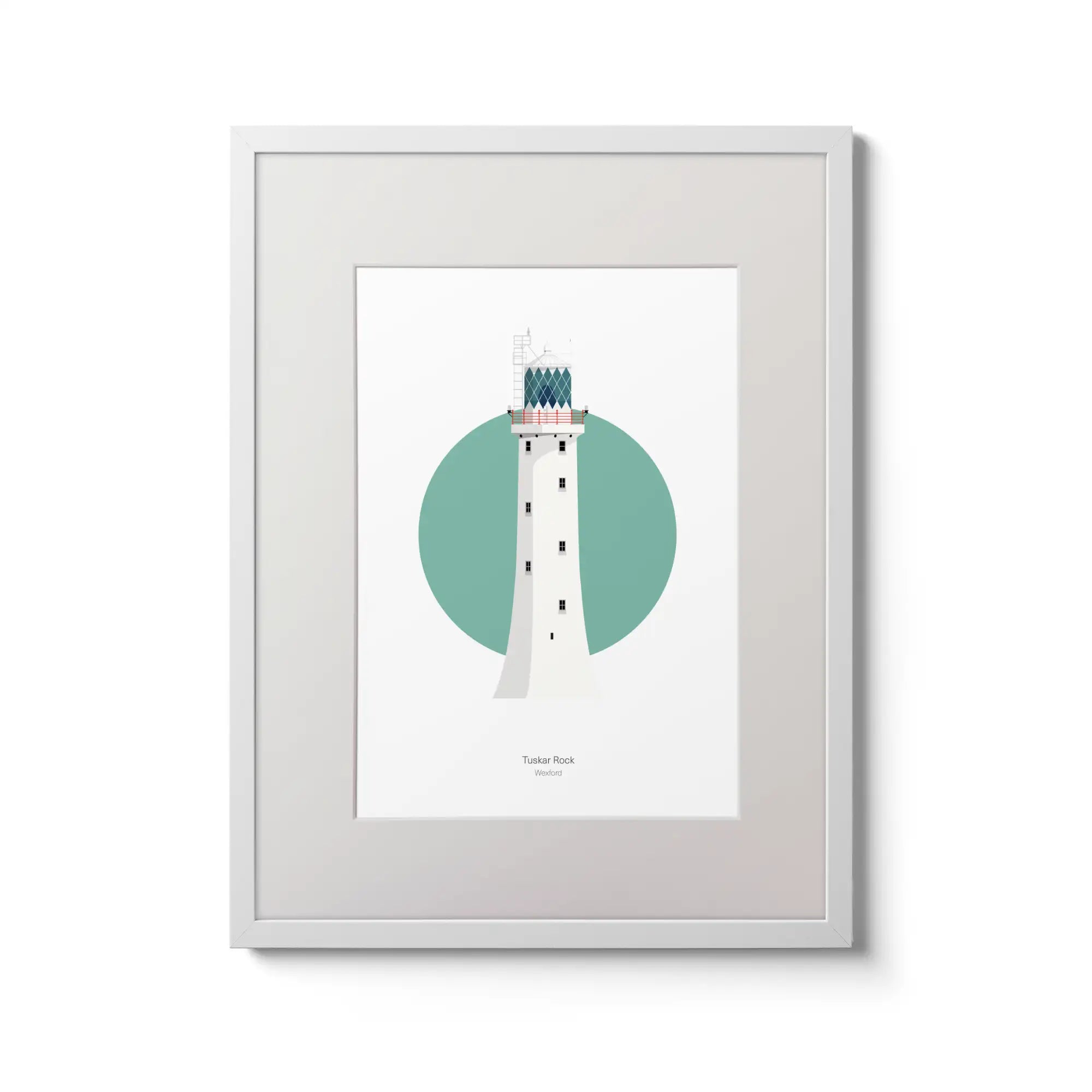 Illustration of Tuskar Rock lighthouse on a white background inside light blue square,  in a white frame measuring 30x40cm.