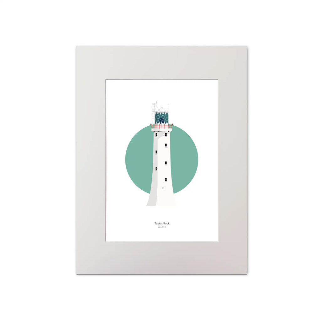 Illustration of Tuskar Rock lighthouse on a white background inside light blue square, mounted and measuring 30x40cm.