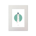 Illustration of Tuskar Rock lighthouse on a white background inside light blue square, mounted and measuring 30x40cm.
