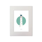 Illustration of Tuskar Rock lighthouse on a white background inside light blue square, mounted and measuring 30x40cm.