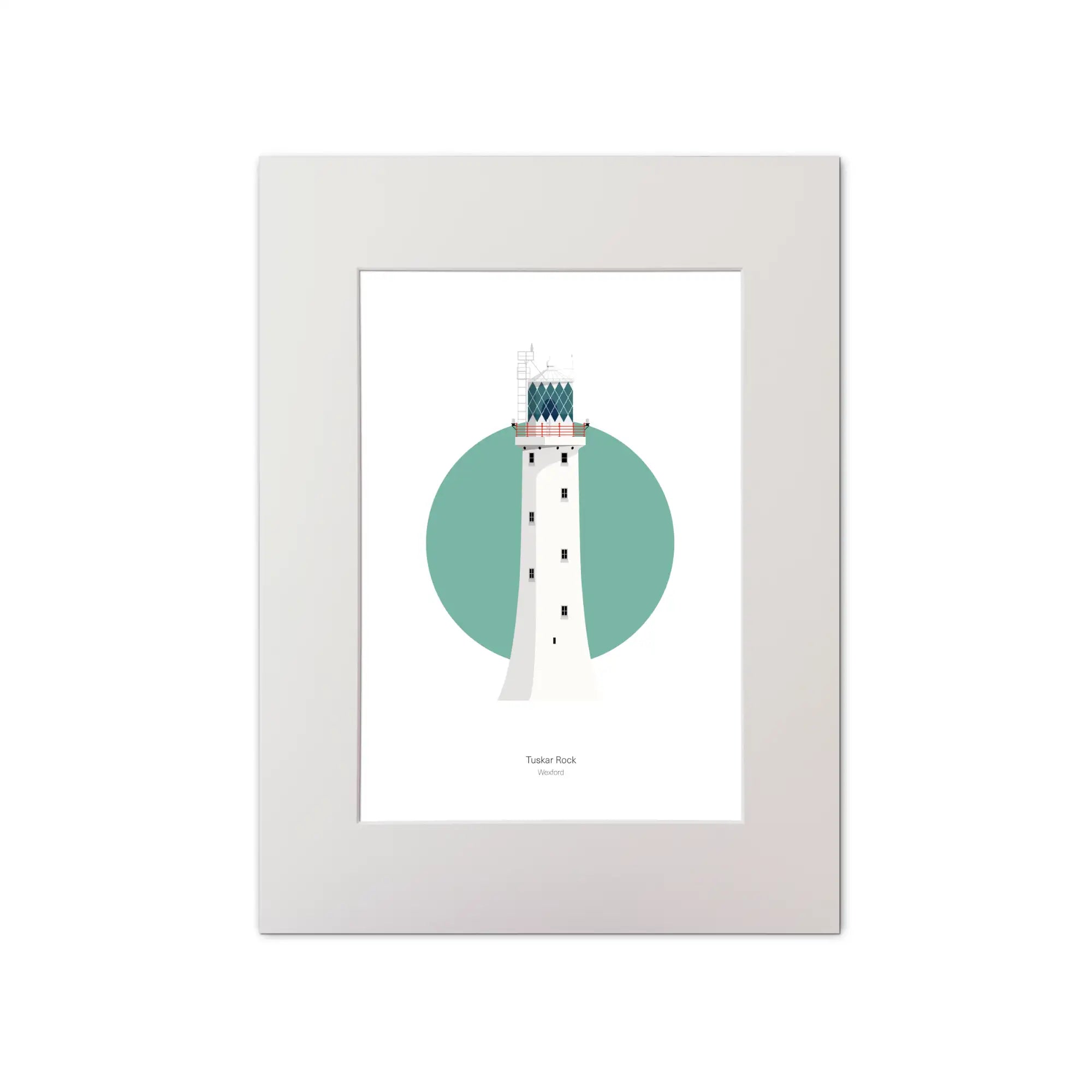 Illustration of Tuskar Rock lighthouse on a white background inside light blue square, mounted and measuring 30x40cm.