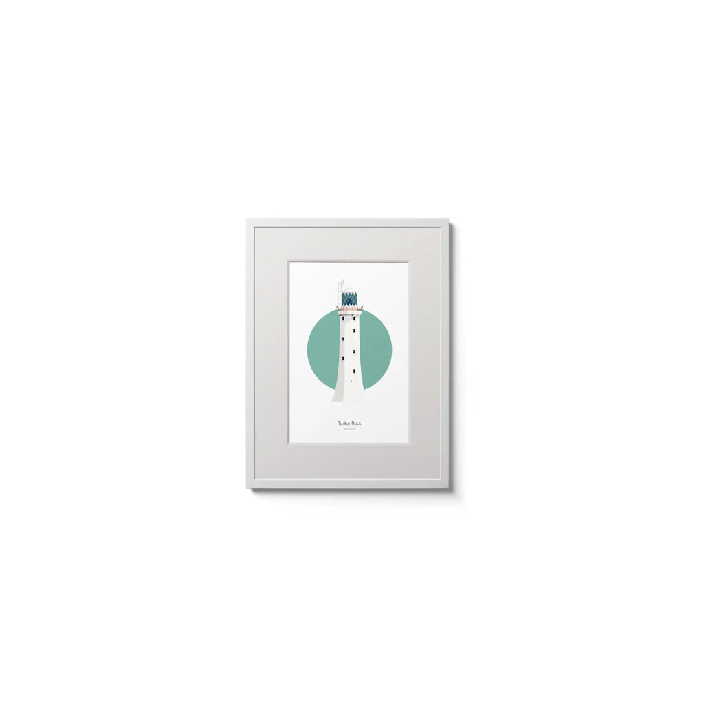 Illustration of Tuskar Rock lighthouse on a white background inside light blue square,  in a white frame measuring 15x20cm.