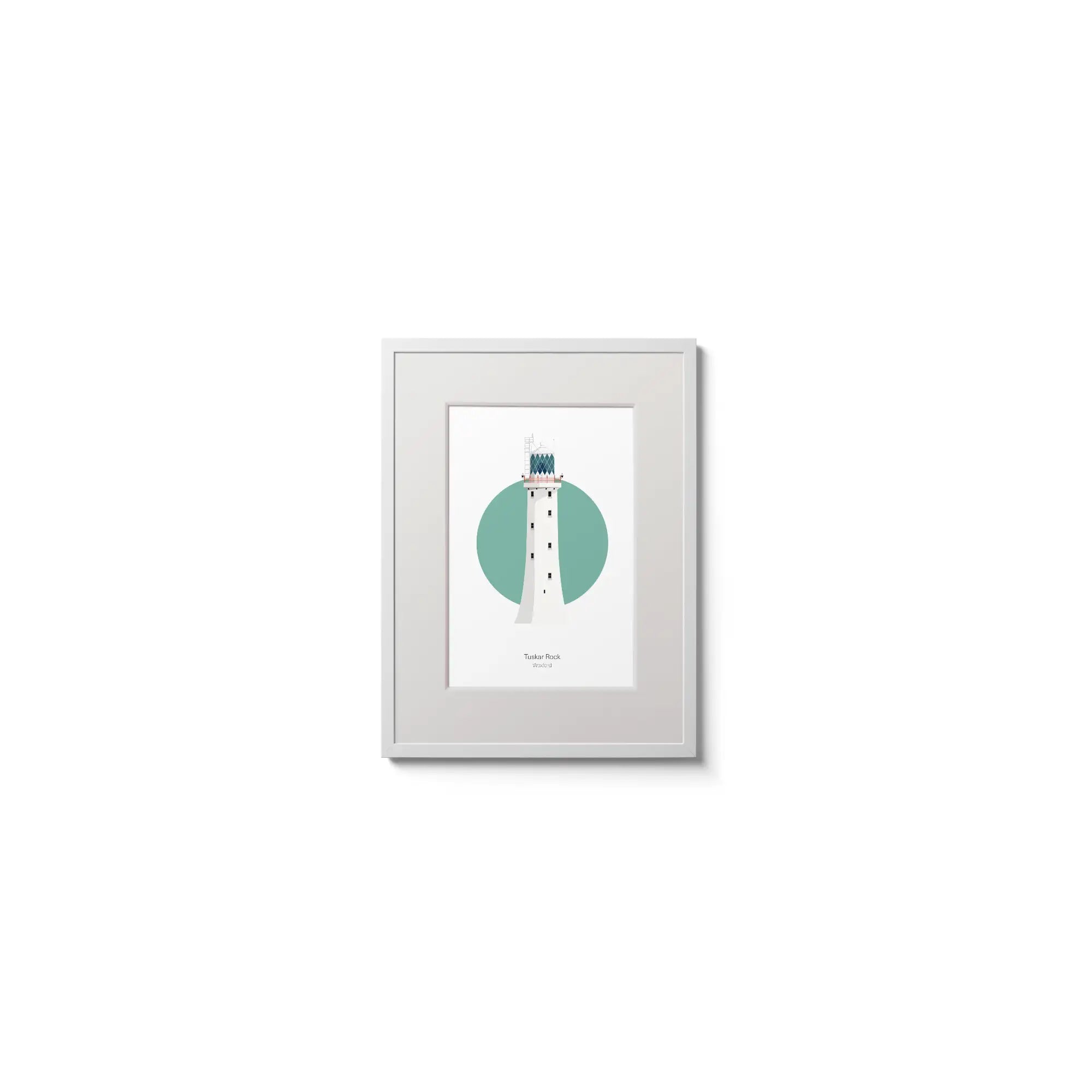 Illustration of Tuskar Rock lighthouse on a white background inside light blue square,  in a white frame measuring 15x20cm.