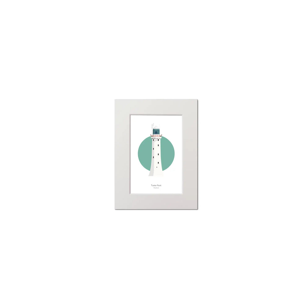 Illustration of Tuskar Rock lighthouse on a white background inside light blue square, mounted and measuring 15x20cm.