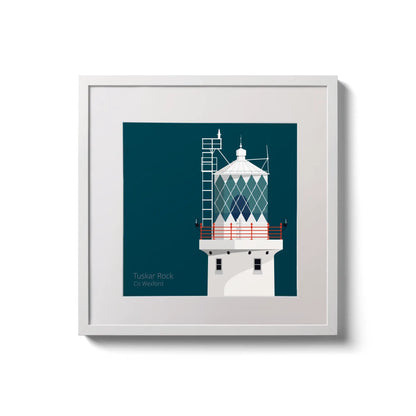 Illustration of Tuskar Rock lighthouse on a midnight blue background,  in a white square frame measuring 20x20cm.