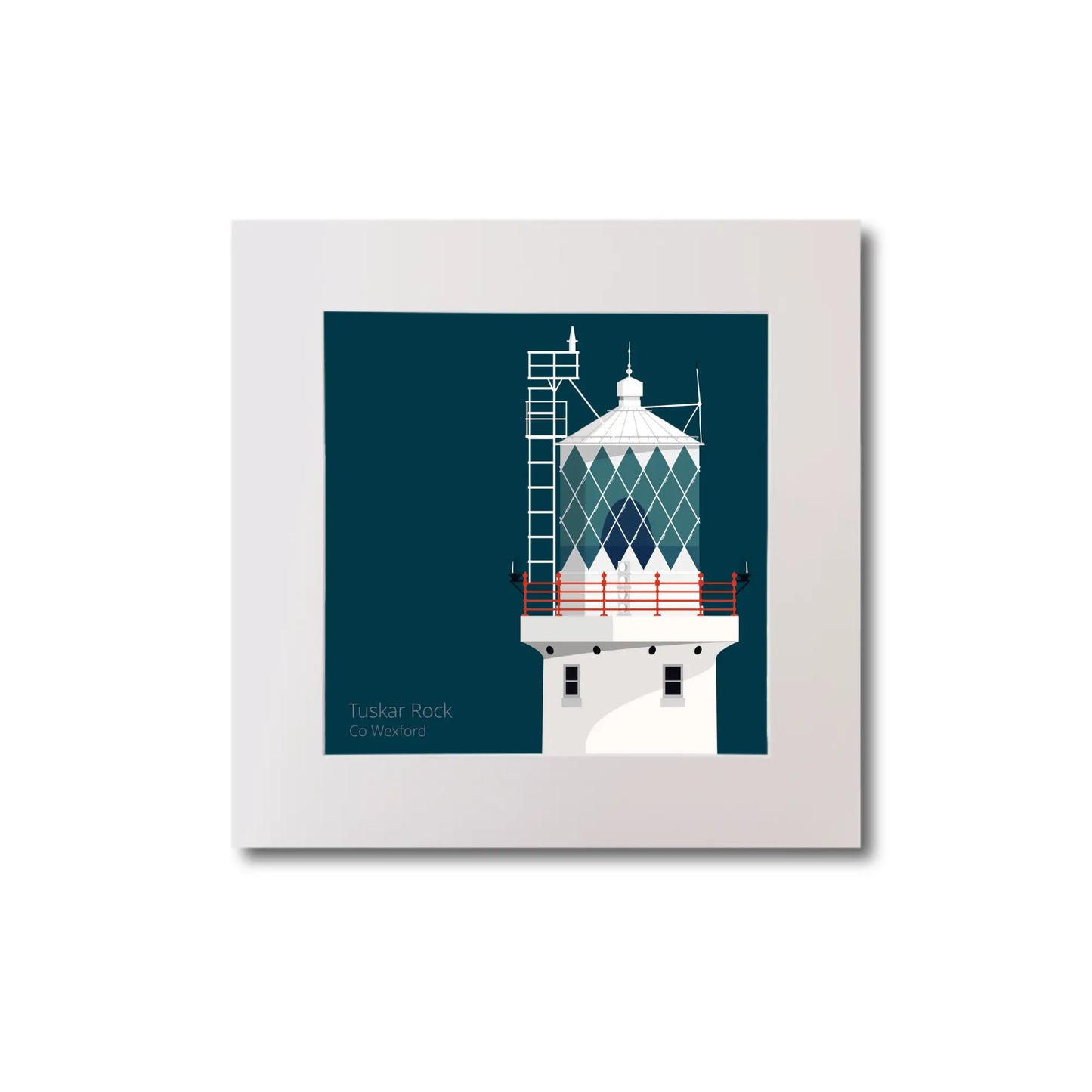 Illustration of Tuskar Rock lighthouse on a midnight blue background, mounted and measuring 20x20cm.