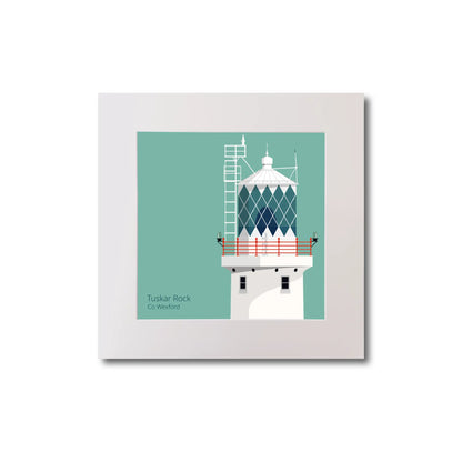 Illustration of Tuskar Rock lighthouse on an ocean green background, mounted and measuring 20x20cm.