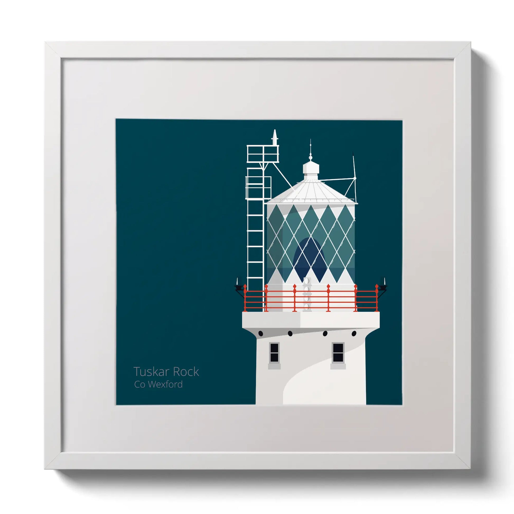 Illustration of Tuskar Rock lighthouse on a midnight blue background,  in a white square frame measuring 30x30cm.