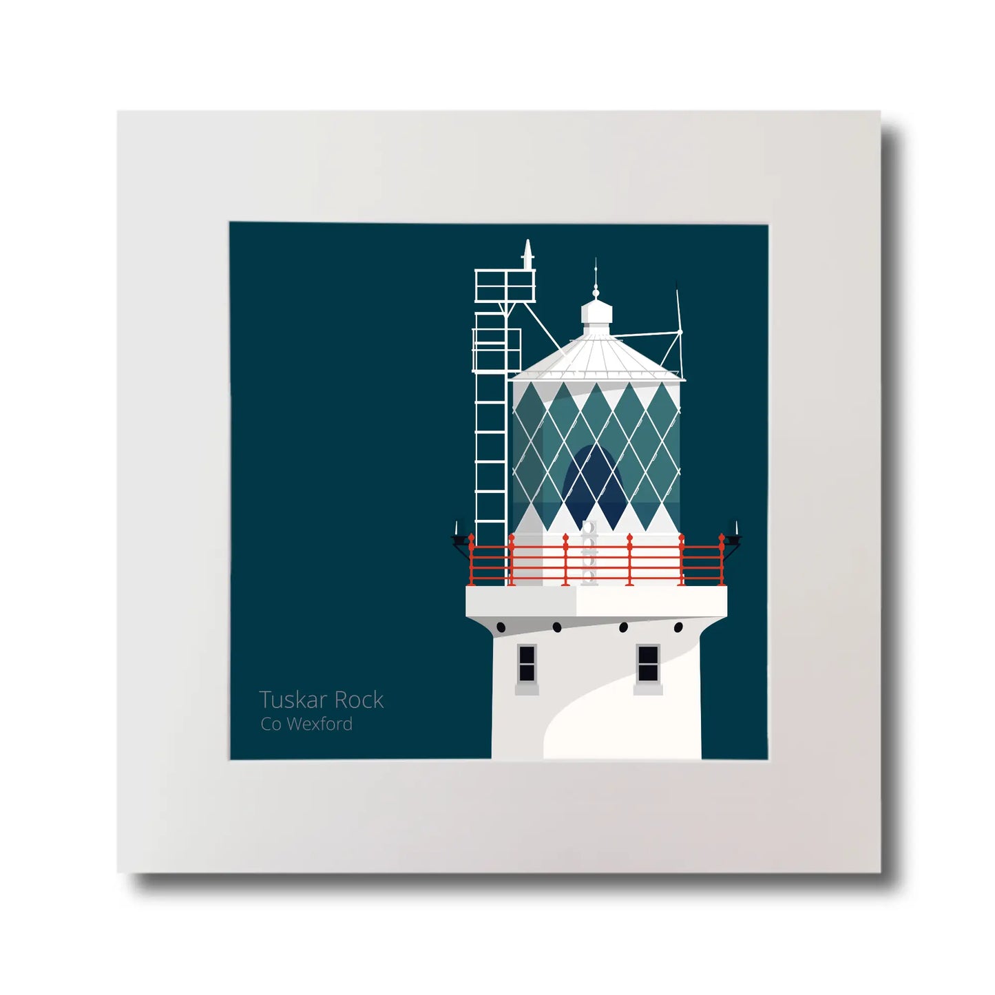 Illustration of Tuskar Rock lighthouse on a midnight blue background, mounted and measuring 30x30cm.