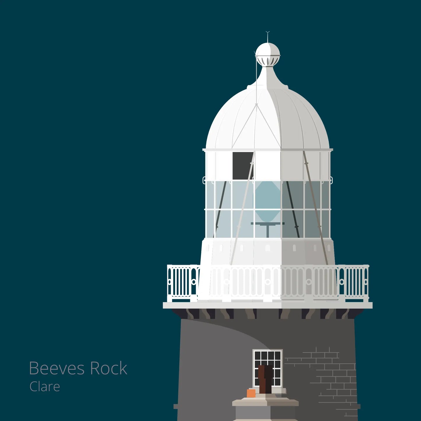 Illustration of Tuskar Rock lighthouse on a midnight blue background