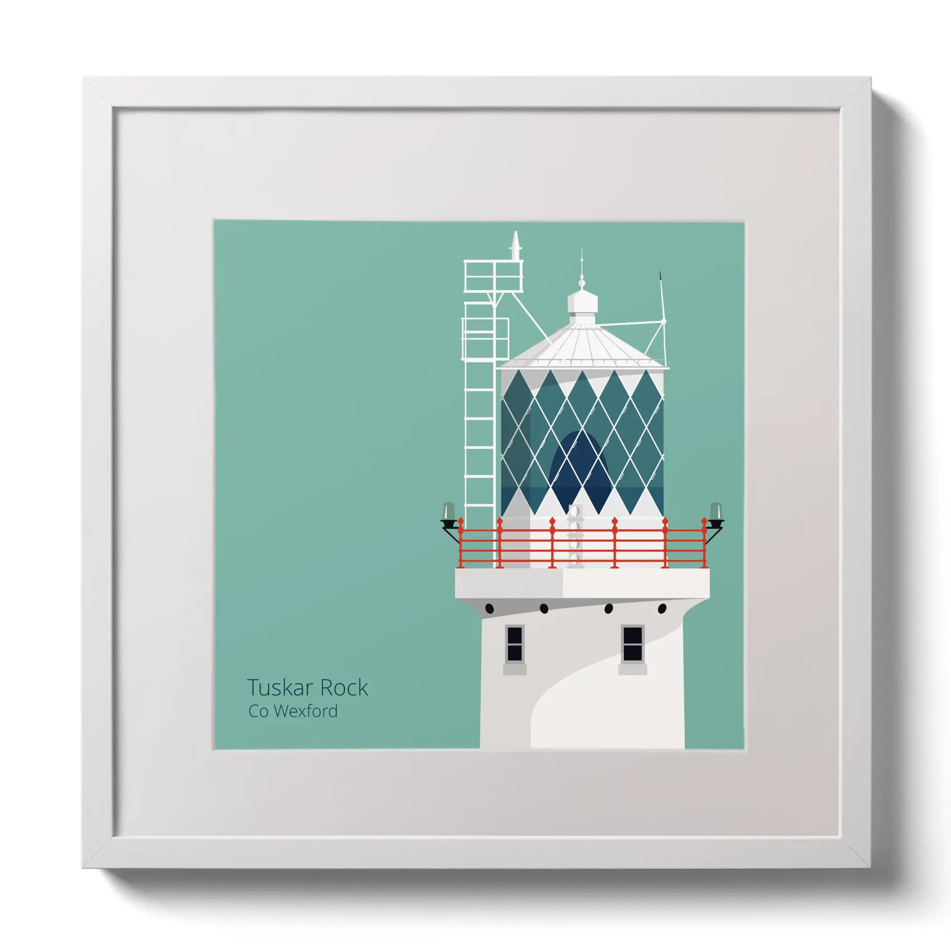 Illustration of Tuskar Rock lighthouse on an ocean green background,  in a white square frame measuring 30x30cm.