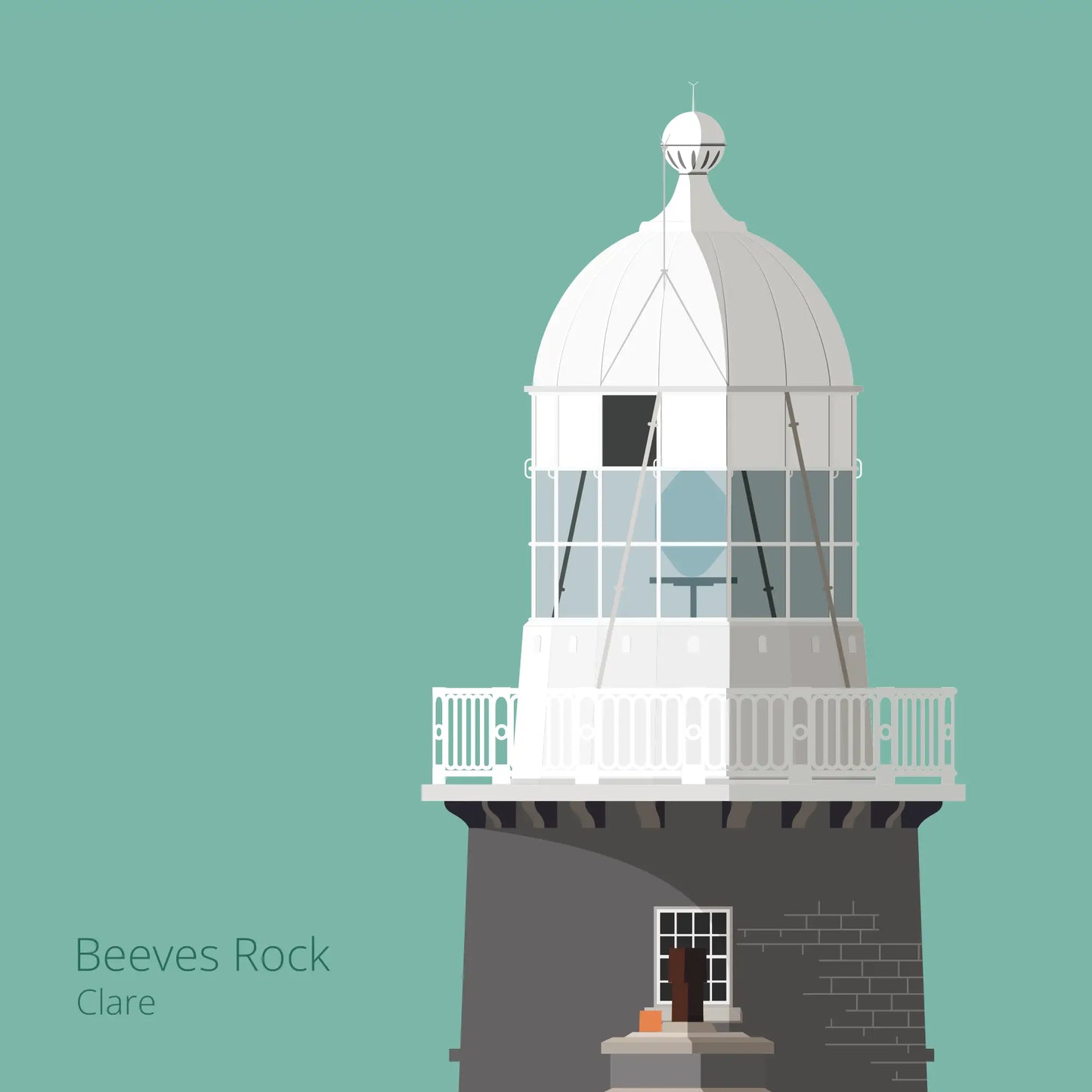 Illustration of Tuskar Rock lighthouse on an ocean green background